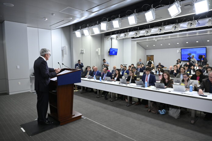 Chair Powell answers reporters' questions at the FOMC press conference on May 3, 2023.